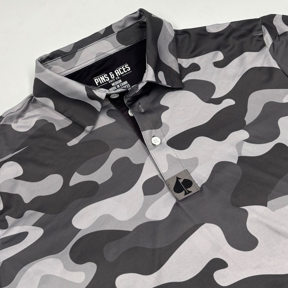 Pins & Aces Golf Co‎ Men's M Polyester Gray Camo Performance Polo